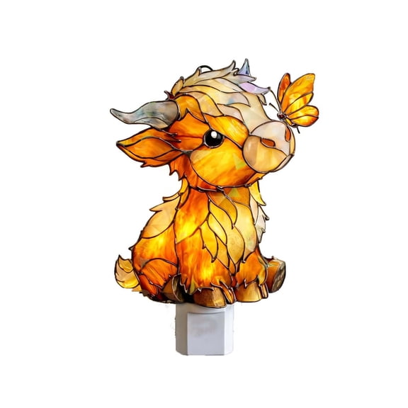 Highland Cow Night Light, Stained Glass Style Plug In Wall Lamp, Animal Shaped Bedroom Illuminator, Spring Home Decorative Fixture, Hallway Ambient Lighting