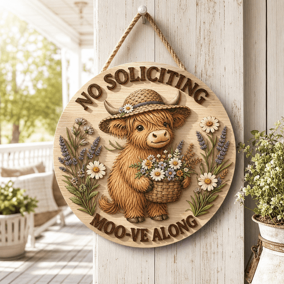 Highland Cow No Soliciting Wooden Door Sign for Rustic Front Porch Entryway Decor