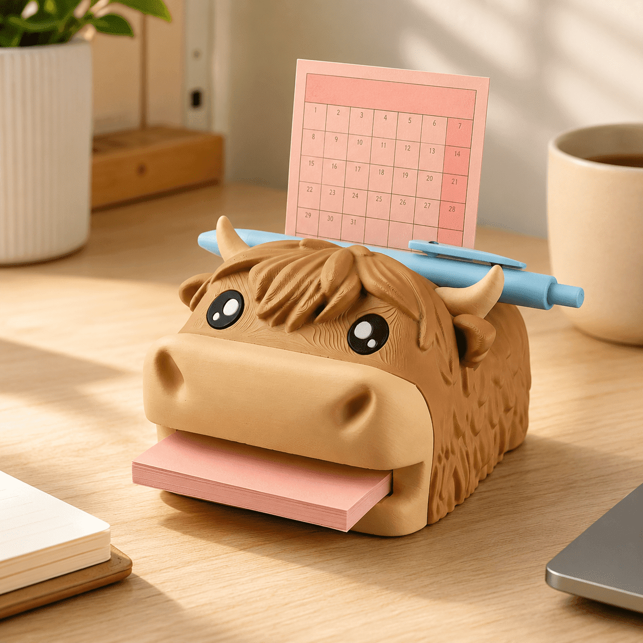 Highland Cow Note Holder, Sticky Note Holder and Dispenser with Stencil Set, Cute Desk Hippo-Campus Organizer with Pen Holder and Photo Slot, Compatible with Post It Notes, Fun Office Desk Accessory