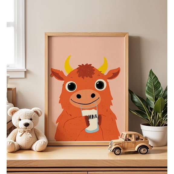 Highland Cow Nursery Playful Calf with Milk V2 Cute Farm Animal, Unframed Poster