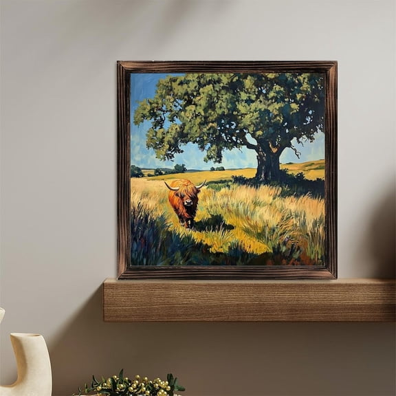 Highland Cow Under Oak Tree Wooden Sign Wall Plaque - Vintage Art Decoration, Wall Decoration - Ideal Gift For Home Decoration, Living Room, Bathroom, Bedroom, Garden, Dining, Bar, Cafe, Festival P