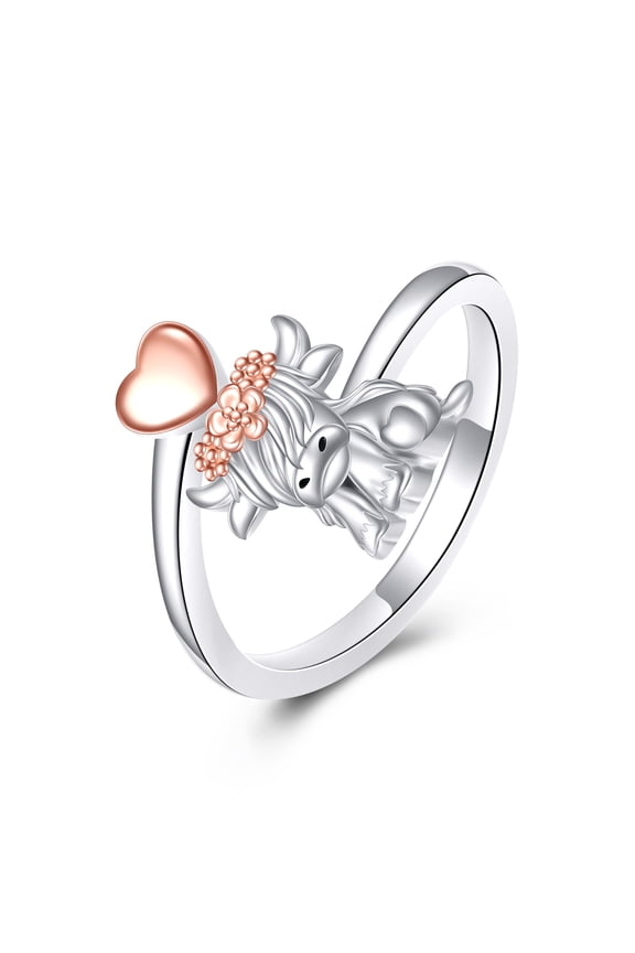 Highland Cow Open Ring S925 Sterling Silver Adjustable Cute Animal Open Rings with Loving Heart Cow Jewelry for Women