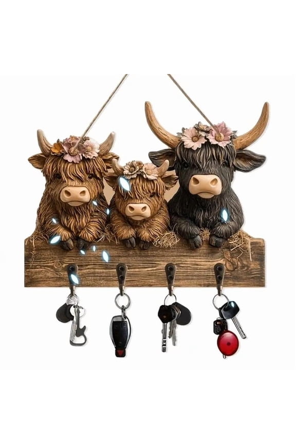 Highland Cow Ornaments Key Holder for Wall Mount Animal Wooden Towel Key Hooks Coat Hanger with 4 Hooks Cow Wall Decorative Rack for Entryway Hallway Farmhouse