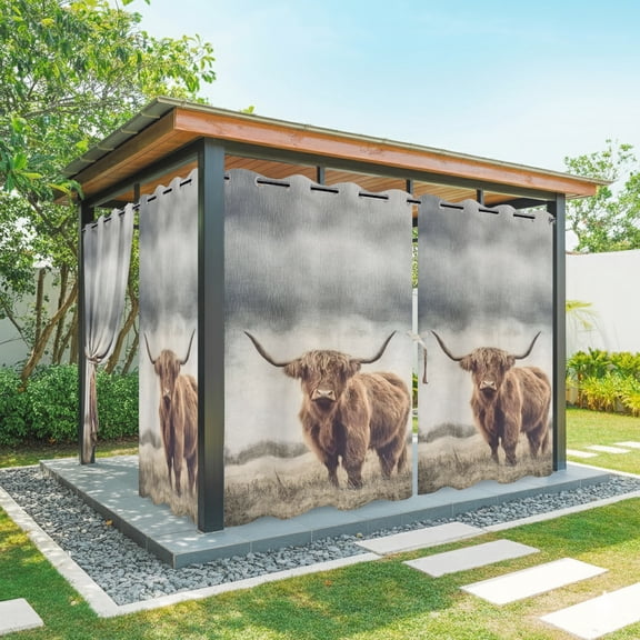 Highland Cow Outdoor Curtains for Patio, Field Nature Animal Rural Landscape Sunshade Privacy Drapes Grommet Waterproof Outside Curtains for Porch/Cabana/Balcony 54"x 84", 1 Panel