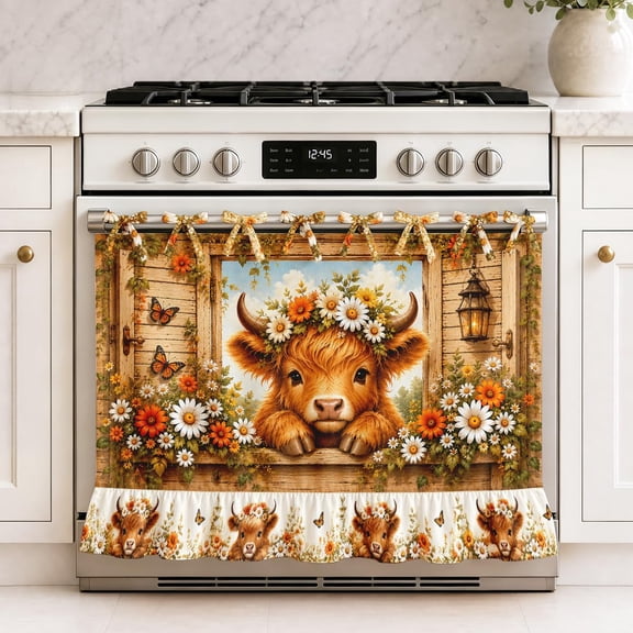 Highland Cow Oven Skirt Curtain for Kitchen Decor Flower Daisy Rustic Boho Stove Curtain Tie Top Oven Skirt Decorative Stove Cover Ribbon Ties Use for Oven Dishwashers Washing Machine