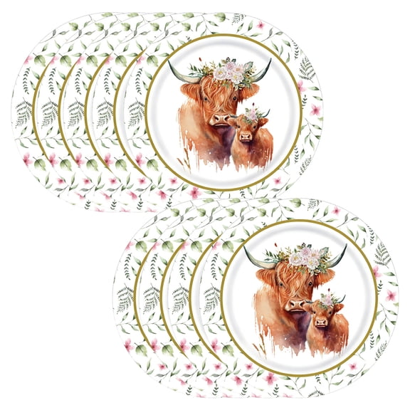 Highland Cow Paper Plates Watercolor Cow Flower Disposable Plate Farmhouse Dinner Dessert Plate for Spring Summer Party Table Decor, 10pcs