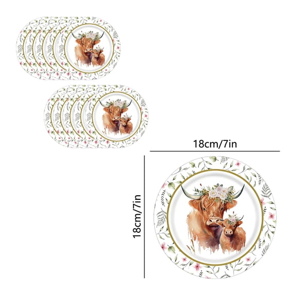 Highland Cow Paper Plates Watercolor Cow Flower Disposable Plate Farmhouse Dinner Dessert Plate for Spring Summer Party Table Decor, 10pcs
