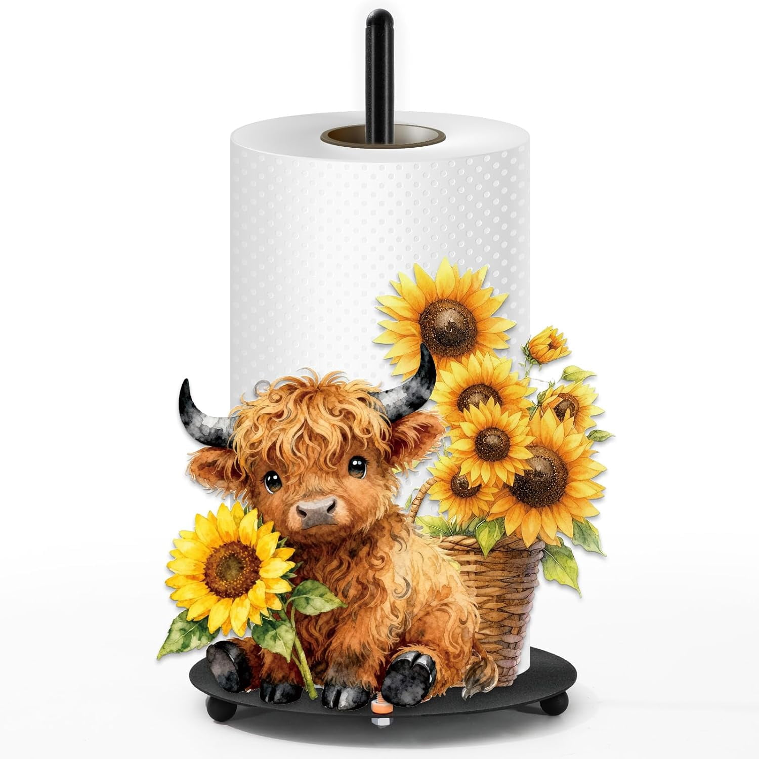 Highland Cow Paper Towel Holder Sunflower Highland Cow Metal Towel Stand Decoration Accessory for Holiday Party Home Kitchen Countertop