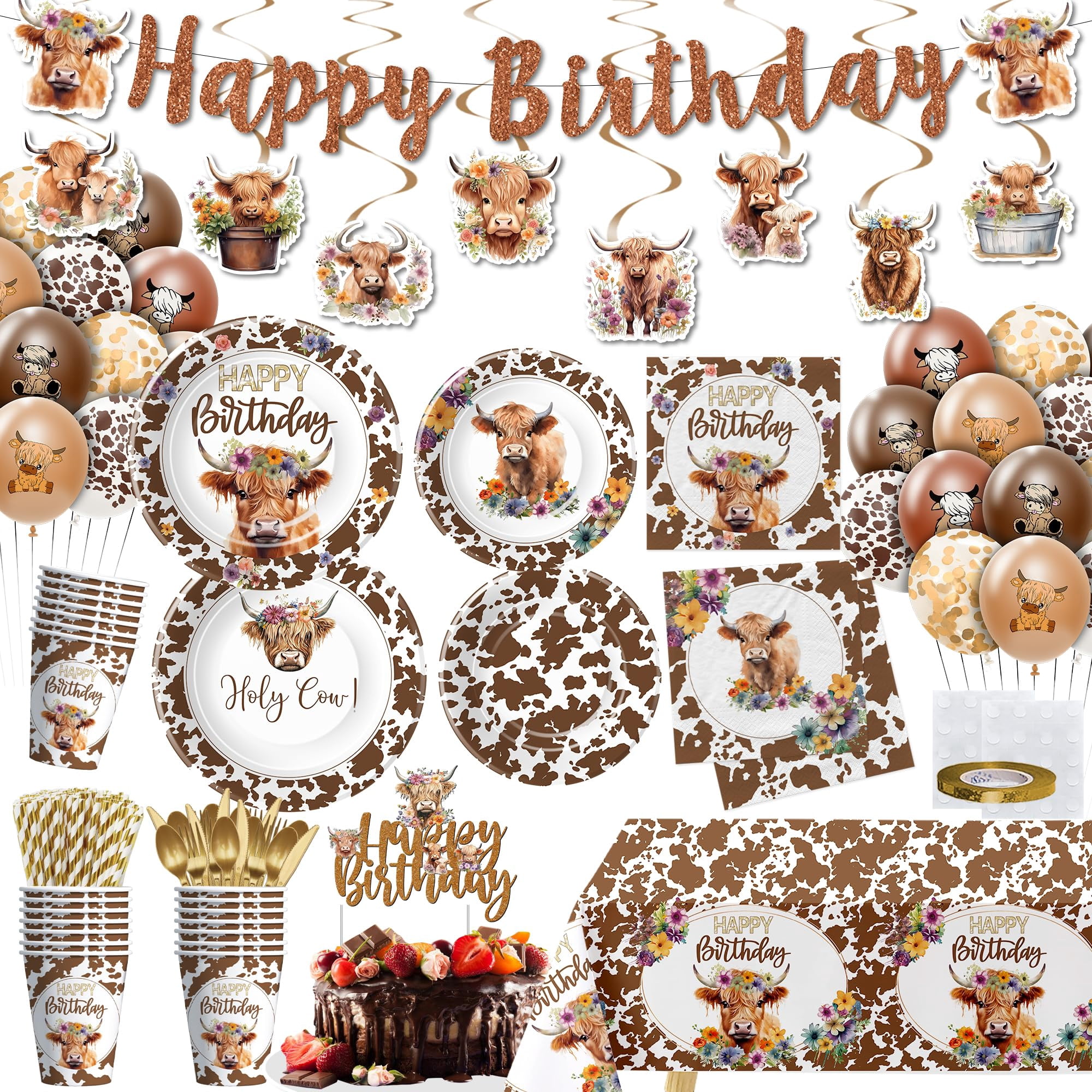 Highland Cow Party Decorations Tableware Set 24pcs Plates 24pcs Cups ...