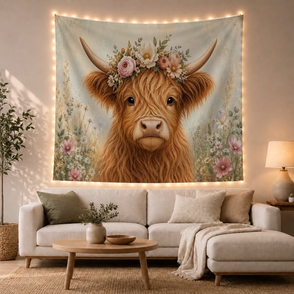 Highland Cow in a Pastel Wildflower Meadow, Whimsical Watercolor for Animal Lovers, Botanical Wall Art, Housewarming Gift, Tapestry Wall Hanging for Bedroom and Living Room