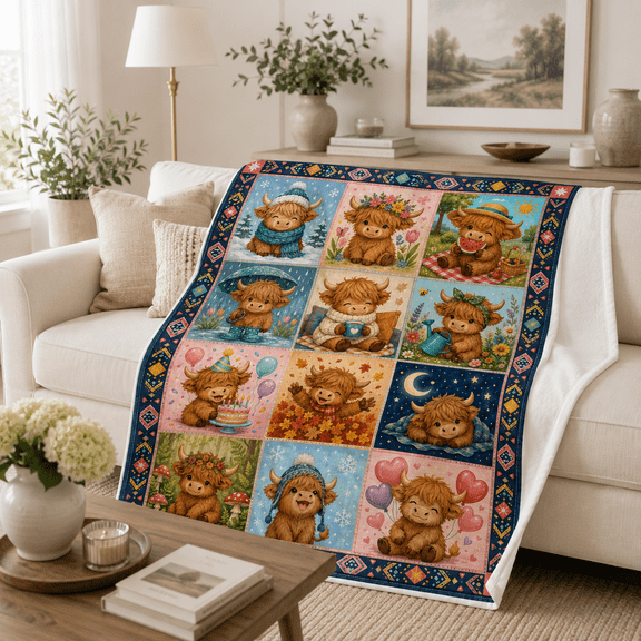 Highland Cow Patchwork Flannel Throw Blanket, Cute Seasonal Cow Print with Floral, Cozy, Picnic and Moon Scenes for Couch Sofa Bed Home Decor, 30 x 40 in