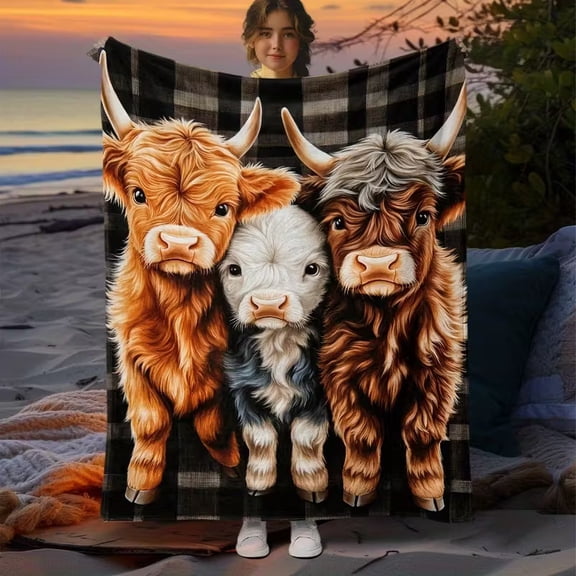 Highland Cow Pattern Print Flannel Throw Blanket