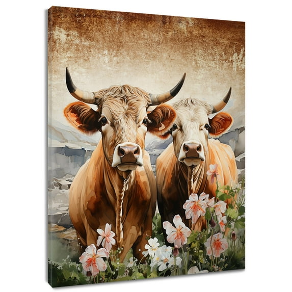 Highland Cow Picture Canvas Wall Art Farmhouse Flowers Print Wall Art Decor Vintage Country Wall Art Decor for Bedroom Living Room Office Bathroom Framed Ready to Hang 12"x16"