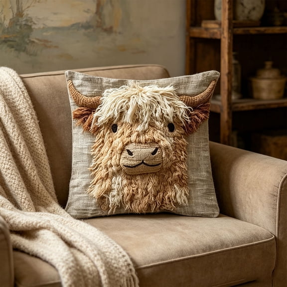 Highland Cow Pillow Cover 18" x 18", Faux Embroidery Linen Look Throw Cushion Case with Hidden Zipper for Farmhouse Sofa Couch Bed Decor, 1 Pack