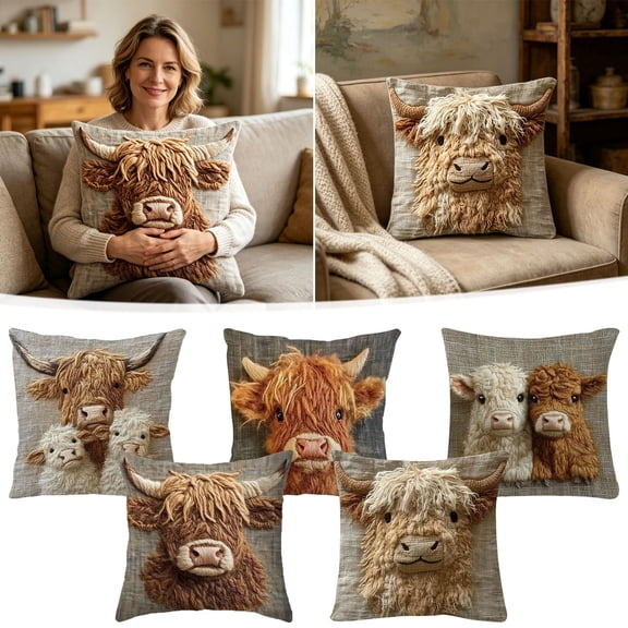 Highland Cow Pillow Cover 18" x 18", Faux Embroidery Linen Look Throw Cushion Case with Hidden Zipper for Farmhouse Sofa Couch Bed Decor, 1 Pack