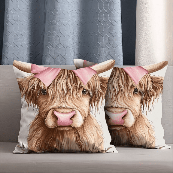 Highland Cow Pink Bows Roses Short Plush Pillow, Rustic Farmhouse Decorative Throw Cushion, Living Room Home Decor, Soft Pillow, 2pcs Set
