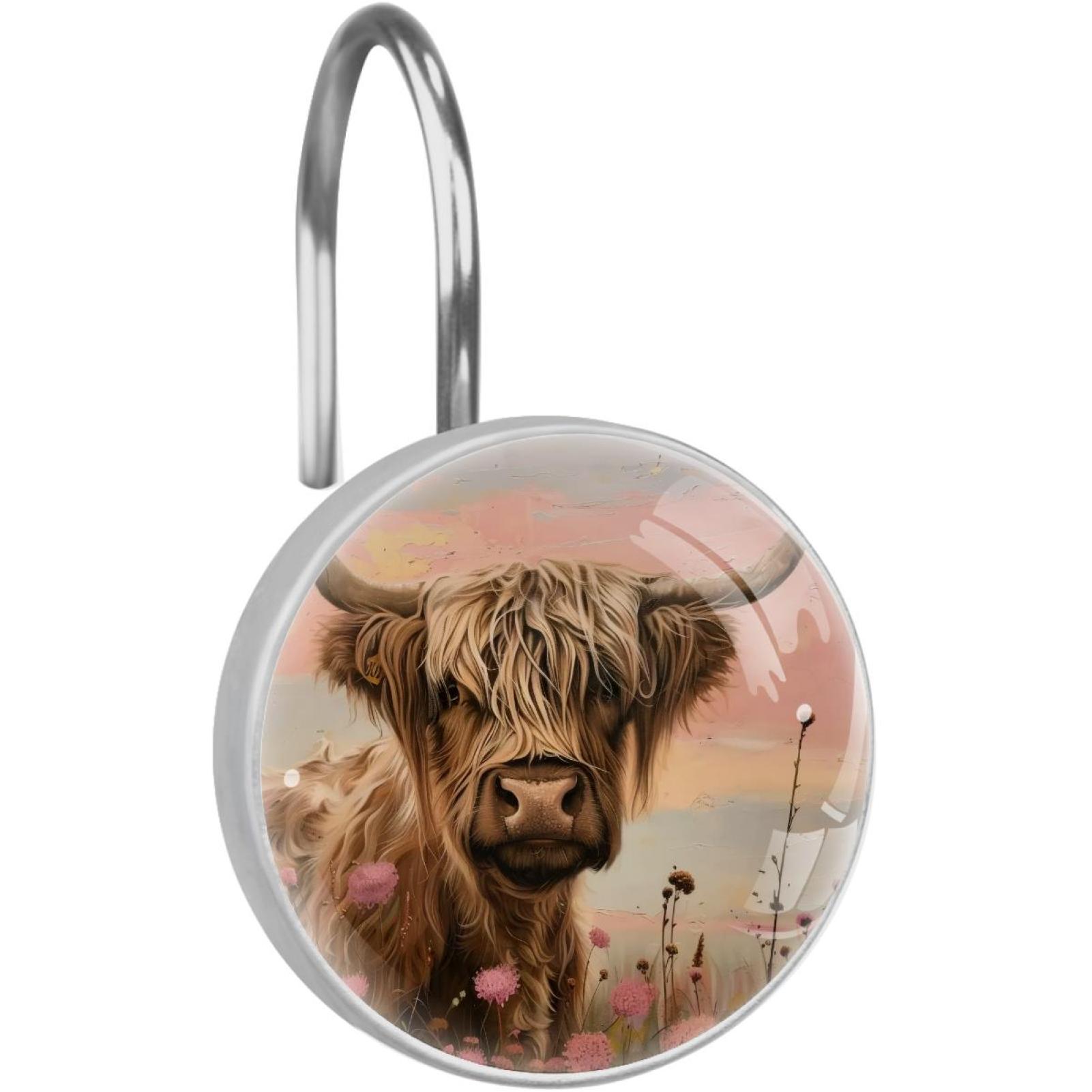 Highland Cow Pink Flowers Rolling Shower Curtain Hooks, Clear Crystal Glass Art Decorative Stainless Bath Bathroom Set 12 Pcs