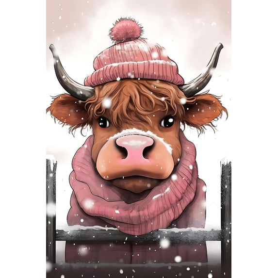 Highland Cow with Pink Hat & Scarf - Cartoon Highland Cow Theme - Winter Farm Decor Aesthetics Poster - Animal Images Printed Canvas - for Farmhouse Room Wall Decor Gifts (Unframed,16x24inch)