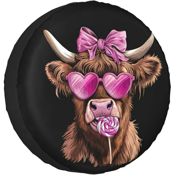 Highland Cow Pink Heart Glasses Lollipop Bow Valentine Spare Tire Cover Wheel Protectors Dust-Proof Sun Protection Wheel Tire Covers Universal Fit for Truck SUV RV Camper Trailer