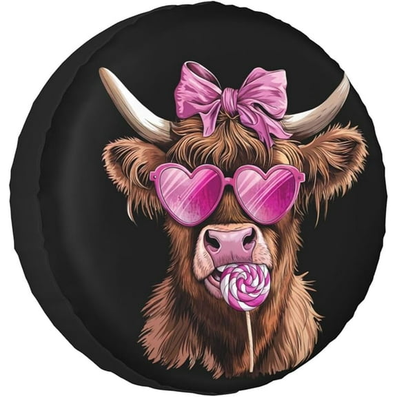 Highland Cow Pink Heart Glasses Lollipop Bow Valentine Spare Tire Cover Wheel Protectors Dust-Proof Sun Protection Wheel Tire Covers Universal Fit for Truck SUV RV Camper Trailer