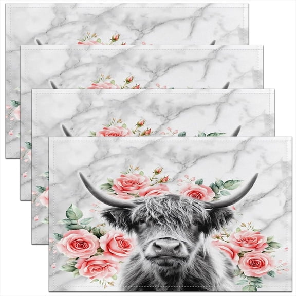Highland Cow Place Mats, Bull Cattle Placemats for Indoor Home Party, Western Funny Animal Table Mats, Wildlife Farmhouse Cow Rose Grey Marble Meal Mats, Wipeable Anti-Slip Mats 12x18 Set of 4