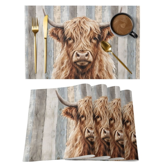 Highland Cow Placemats Set of 1, Farm Country Animal Pattern Shabby Chic Gray Wood Grain Non-Slip Place Mats Washable Table Mats for Kitchen Dining Table Decorations Indoor/Outdoor