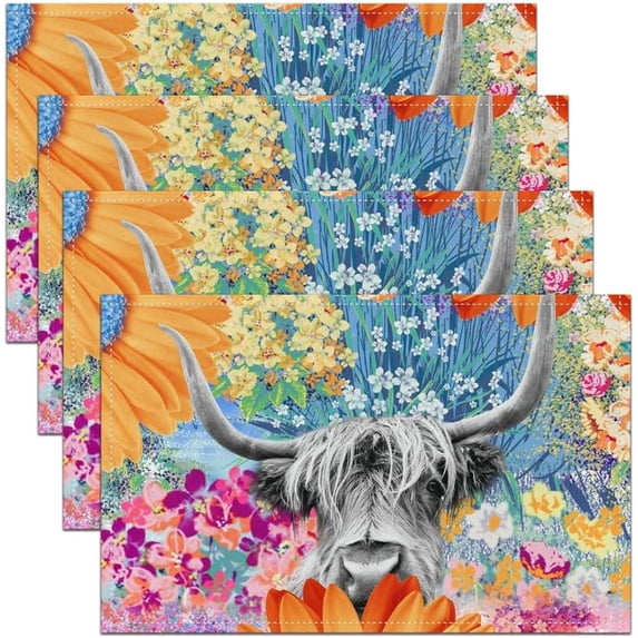 Highland Cow Placemats Set of 4, Colorful Flower Wildlife Placemats for Dining Table, Western Decor Washable Fabric Decoration Table Mats Placemat 18"x12"