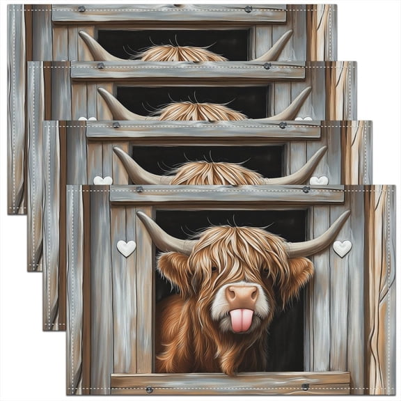 Highland Cow Placemats Set of 4 Farmhouse Cattle Bull Table Mats for Party Kitchen Dining Decoration Western Rustic Farmhouse Place Mat for Table Holiday Decor Indoor Outdoor 18"x12" Non-Slip