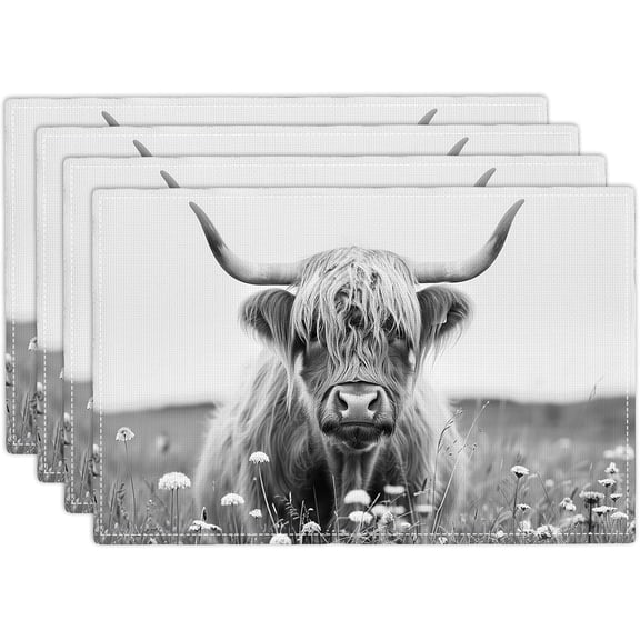 Highland Cow Placemats Set of 4 Black and White Cattle Table Mats Wildflower Washable Place mats for Party Kitchen Dining Decoration 12x18 Inch