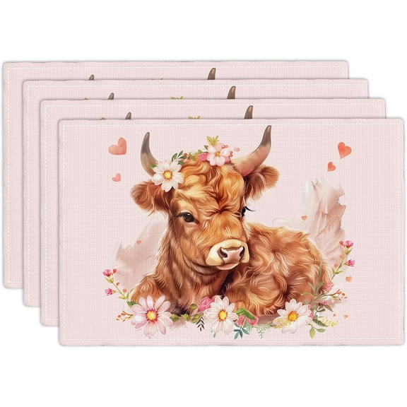 Highland Cow Placemats Set of 4, Cute Cow Place Mats Table Mats for Kitchen Dining Table Kitchen Decor Linen 12x18 Inch
