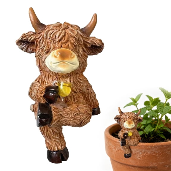 Highland Cow Plant Pot Hugger Figurine, Funny Resin Cow Flower Pot Decoration, Animal Ornament for Indoor Outdoor Patio Balcony Yard Lawn Decor