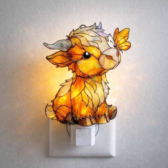 Highland Cow Plug-In Wall Night Light, Exquisite Stained Glass Decorative Lamp, Warm Soft Glow for Bedroom, Bathroom, Hallway, Nursery and Spring Festival Home Atmosphere Decoration, Yellow