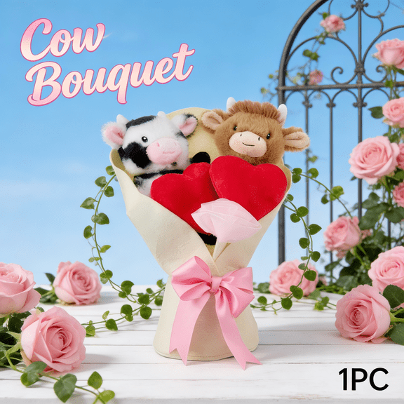 Highland Cow Plush Flower Bouquet - Adorable White Cow with Sweet Expression, Premium Valentine's Day Gifting Choice for Adults, Soft Texture Decorative Accessory