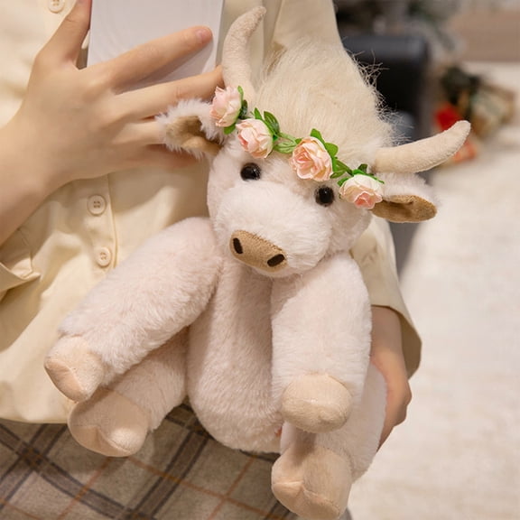 Highland Cow Plush Toy | Realistic Jointed Design, Long Soft Fur, Santa Outfit, 9.8 Inch, White/Coffee | Festive Christmas Decor, Durable Premium Craftsmanship