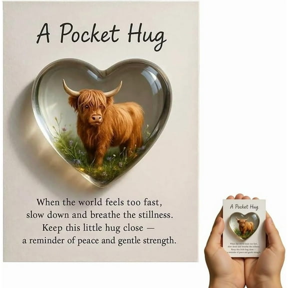 Highland Cow Pocket Hug, A Pocket Hug – Highland Cow Edition, Resin Heartfelt Emotional Support with Card, Token Stress Relief Inspirational Gift, Sympathy with Healing Symbolism (1pc-BB)