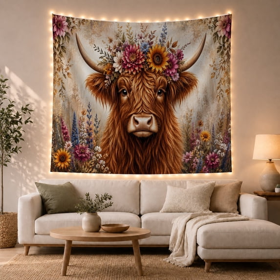 Highland Cow Portrait with Floral Crown, Cozy Boho for Farmhouse Decor Lovers, Cow Wall Art, Housewarming Gift, Tapestry Wall Hanging for Living Room, Cabin and Bedroom