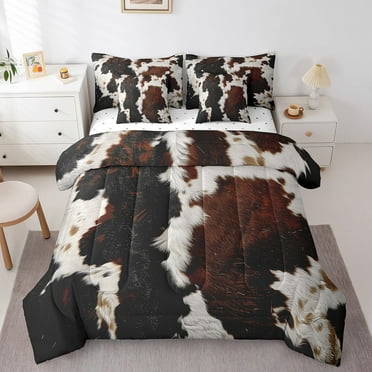 Highland Cow Print Bed in a Bag 7 Pieces Cow Printed Bedding Set, Brown and White Full Size Comforter Set Milk Cow Bedding Comforter Sets, Farm Animal Faux Skin Bed Set