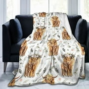 Highland Cow Print Blanket Cute Rustic Farm Animal Cow and Flowers Throw Blankets Soft Flannel Bedding Blanket 50"x40"