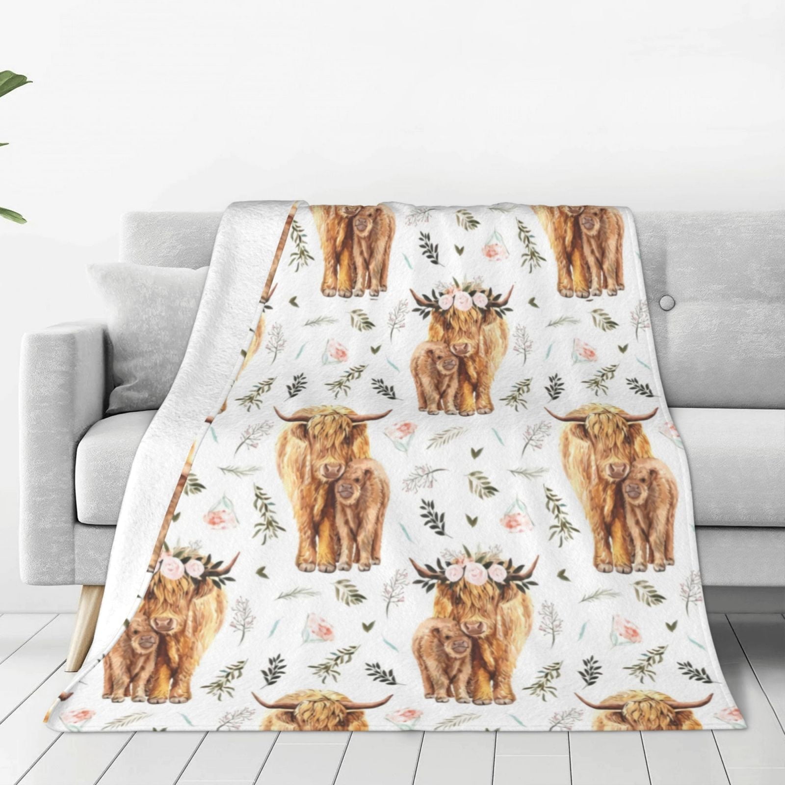 Highland Cow Print Blanket Cute Rustic Farm Animal Cow and Flowers Throw Blankets Soft Flannel Bedding Blanket 60"x80"