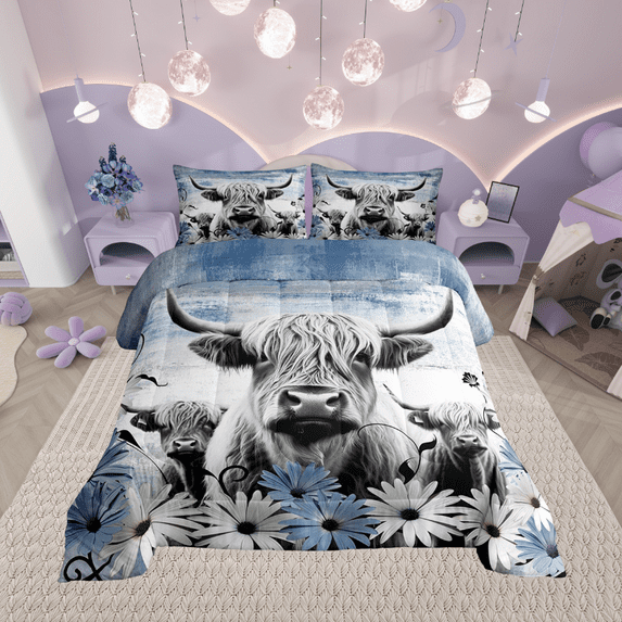 Highland Cow Print Comforter Set Queen,Blue Western Farmhouse Bedding Sets Rustic Home Decor,Longhorn Cattle Farm Animal Bed Set Graffiti Daisy Flowers Quilt Cowboys Gifts for Men Women