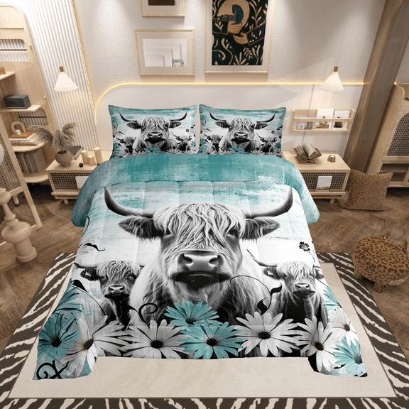 Highland Cow Print Comforter Set Queen,Teal Western Farmhouse Bedding Sets Rustic Home Decor,Longhorn Cattle Farm Animal Bed Set Grunge Daisy Flower Quilt Cowboys Gifts