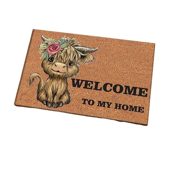 Highland Cow Print Doormat 23.6 x 15.8 Inches, Non-Slip Coir Entry Rug for Indoor Outdoor Use, Cute Cartoon Design, Natural Welcome Mat for Front Door Porch Patio