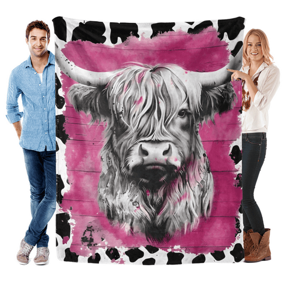 Highland Cow Print Flannel Fleece Blanket Cozy, Soft Chunky Knit Throw for Bed, Sofa, and Camping
