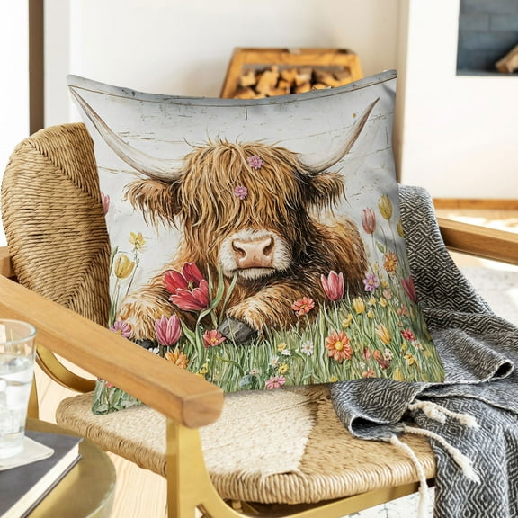 Highland Cow Printed Pillow Case Bedroom Living Room Sofa Cushion Decorative Plush Comfortable Cover Home Decor Seasonal Decoration