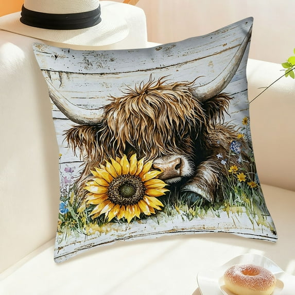 Highland Cow Printed Pillow Case Bedroom Living Room Sofa Cushion Decorative Plush Comfortable Cover Home Decor Seasonal Decoration