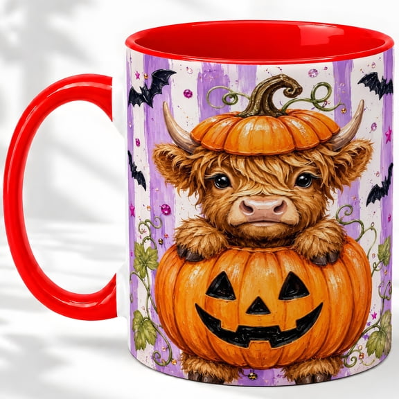 Highland Cow Pumpkin Accent Mug, 11oz Ceramic Coffee Cup for Cow Fans Ceramic mug featuring Highland cow in a jack o lantern with bats and vines