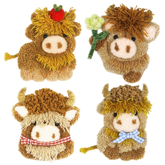 Highland Cow Punch Needle Kits, DIY Embroidery Kit for Adults Beginner, Includes All Tools and Materials, 4PCS Highland Cow DIY Material Kit