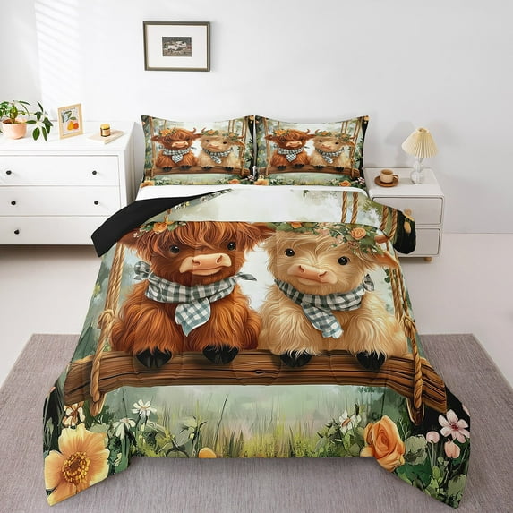 Highland Cow Queen Comforter Set,Farmhouse Animal Bedding Set,Floral Cowgirl Down Comforter,Rustic Flower Reversible Bed Set with 2 Pillowcases Lightweight