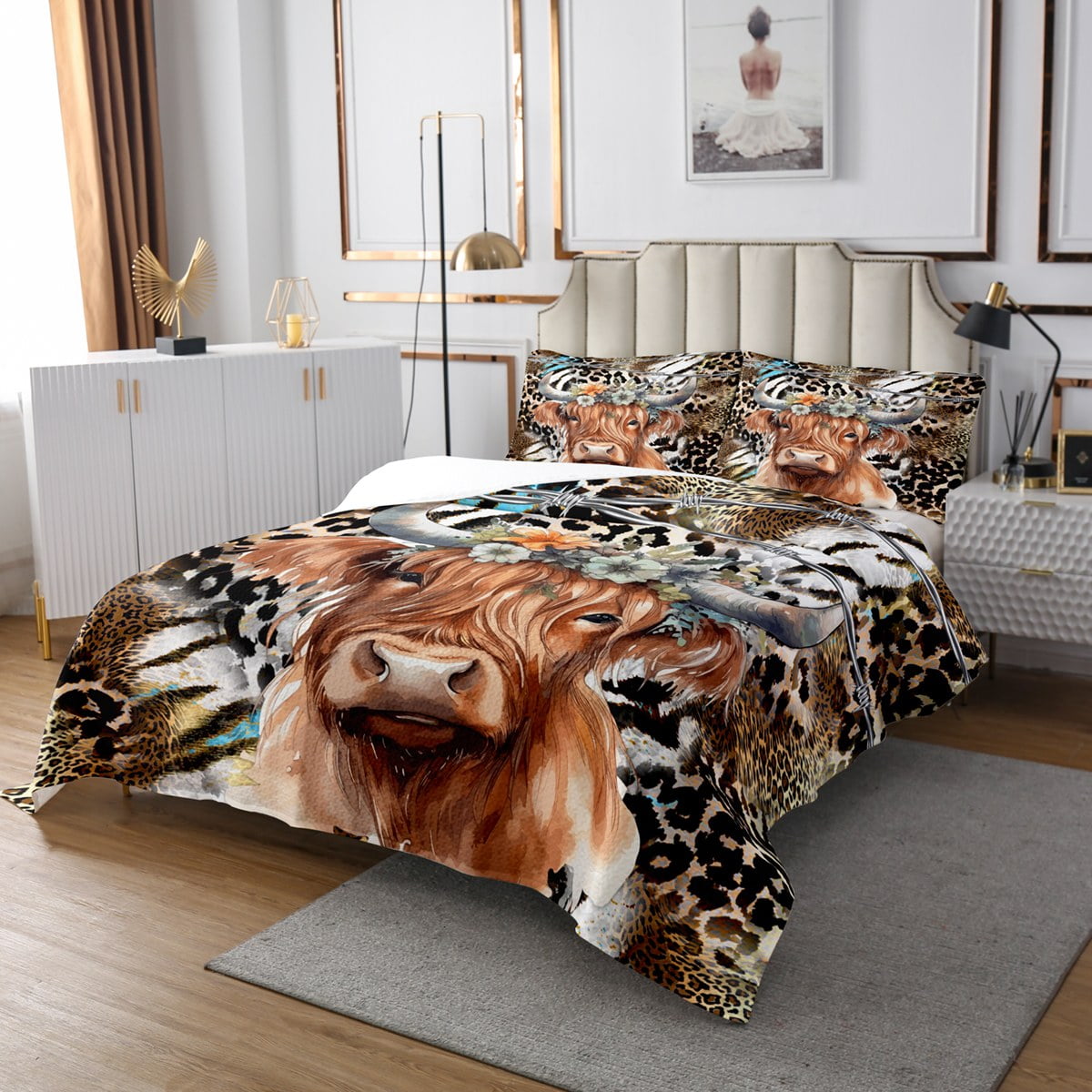 Highland Cow Quilt Set Cowhide Cheetah Print Bedspread Set King,Western Animals Coverlet Set
