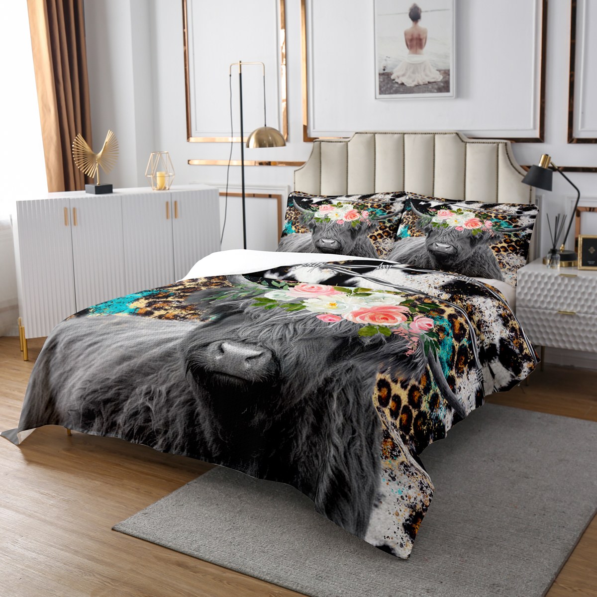 Cowhide Quilt Set Western Bedspread Set Twin,Brown Highland Cow Print